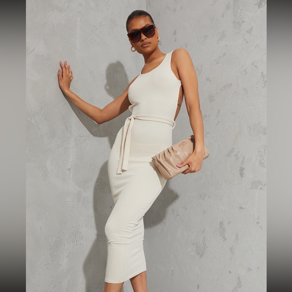 Cream Rib Cut Out Back Detail Tie Waist Dress.